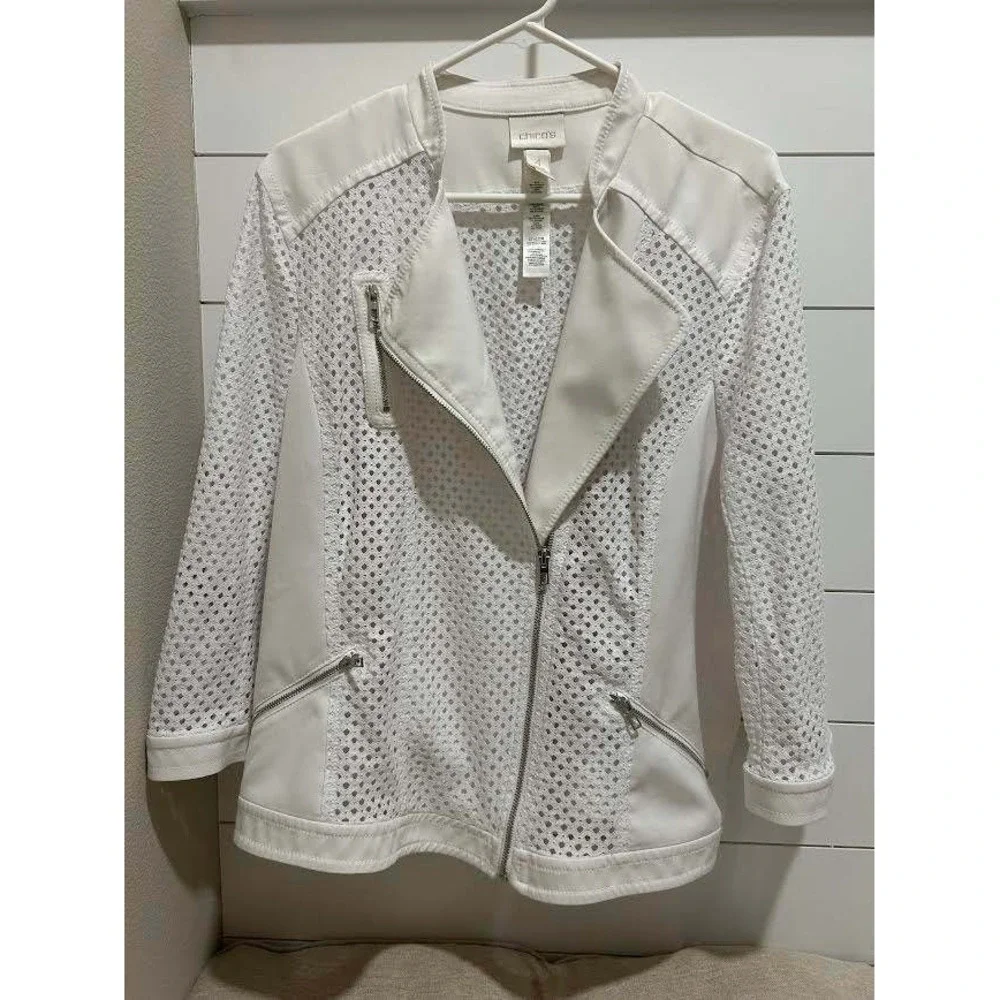 Chicos White Diamond Mesh Moto Jacket Womens Size 4 Asymmetric Zip Mixed Media - Picture 2 of 10